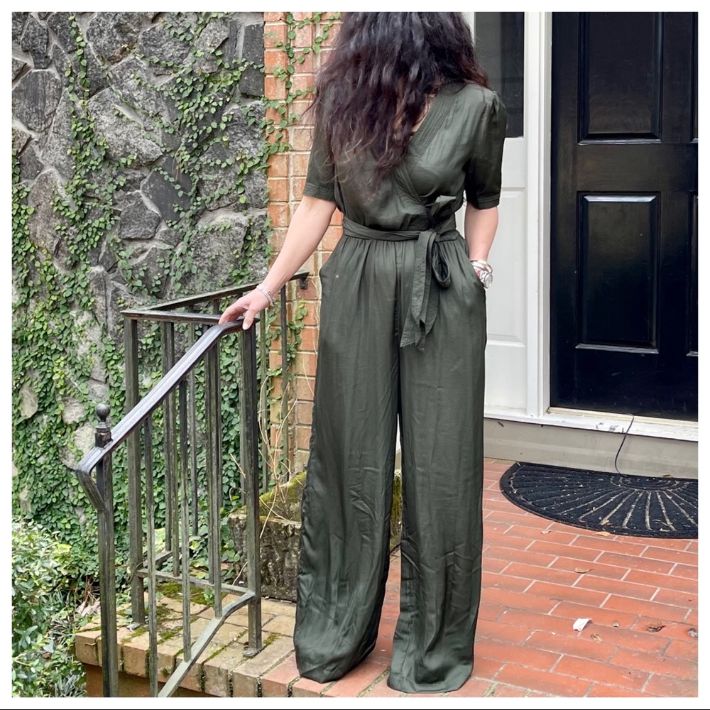#05 Fabulous Dark Olive wrap front wide leg jumpsuit - Picture 6 of 7